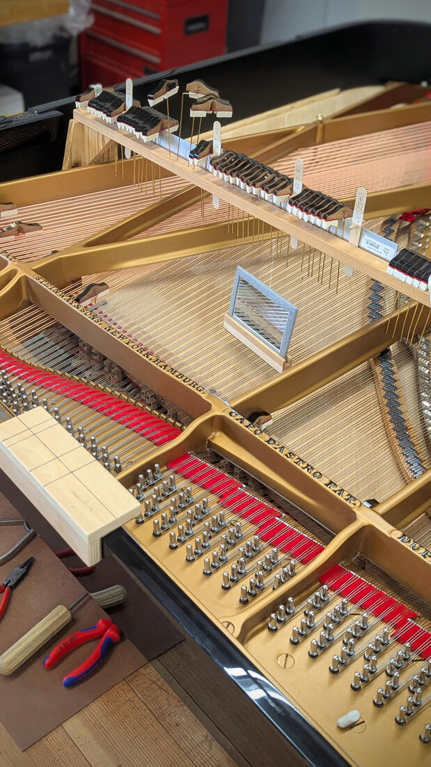 Steinway damper regulation involves precisely calibrating the damper underlever system and lift timing to ensure simultaneous, buzz-free note termination across the entire keyboard. This step restores the smooth, responsive pedal control and professional p